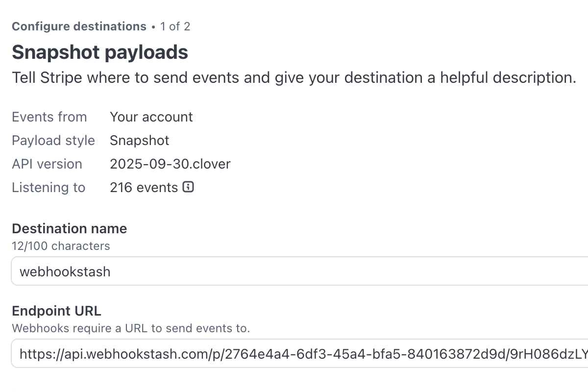 Adding your Webhookstash URL as a webhook endpoint in Stripe