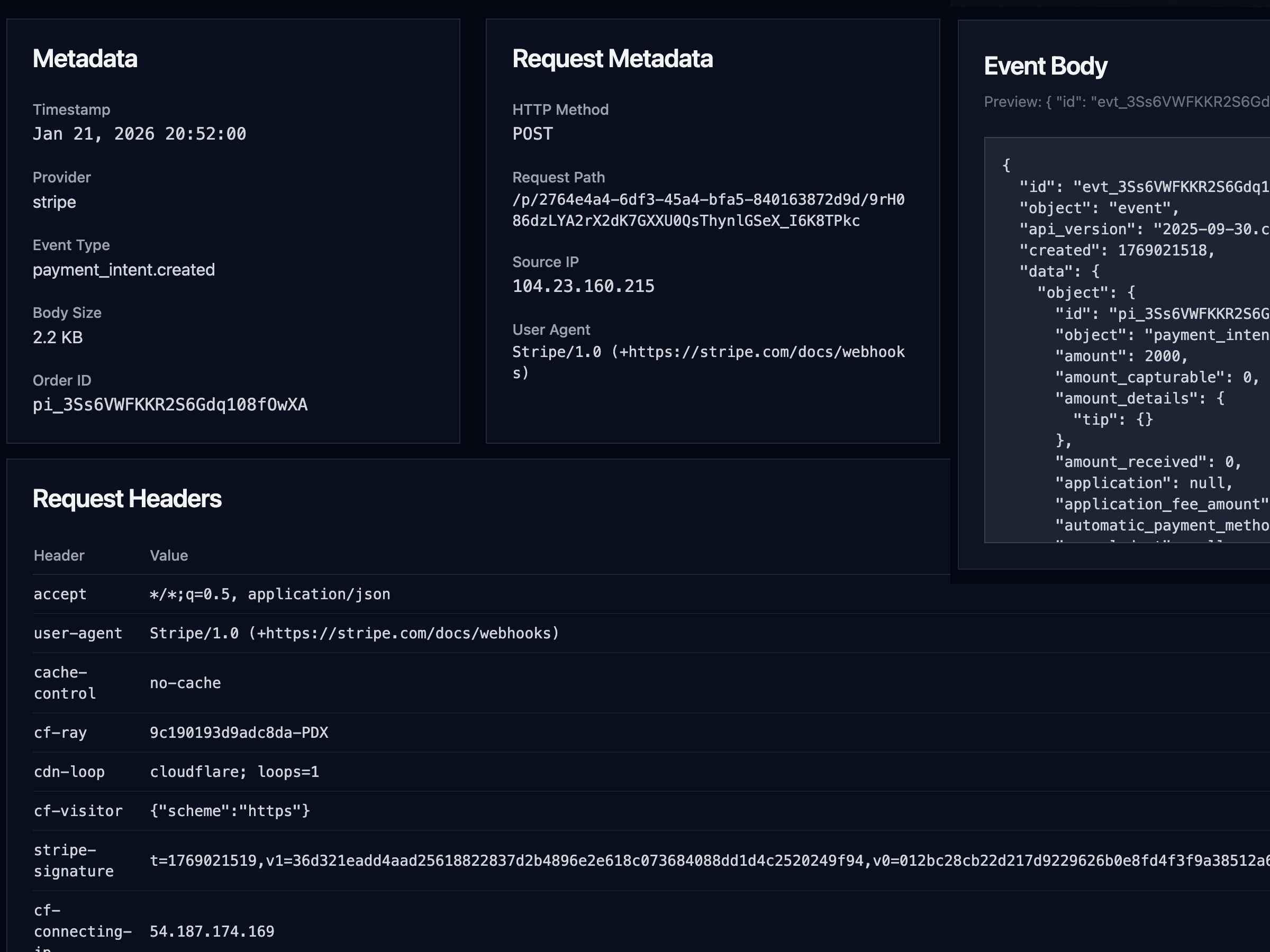 Inspecting a Stripe webhook payload in Webhookstash—headers, body, and metadata
