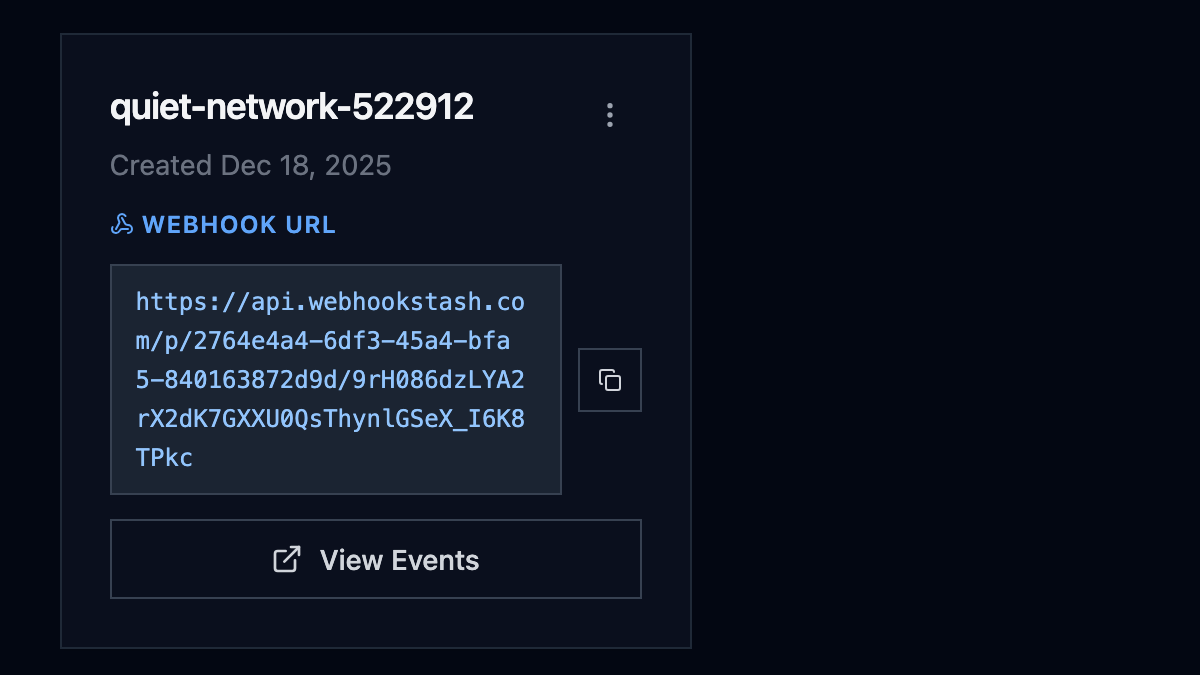 Webhookstash dashboard showing the webhook URL ready to copy
